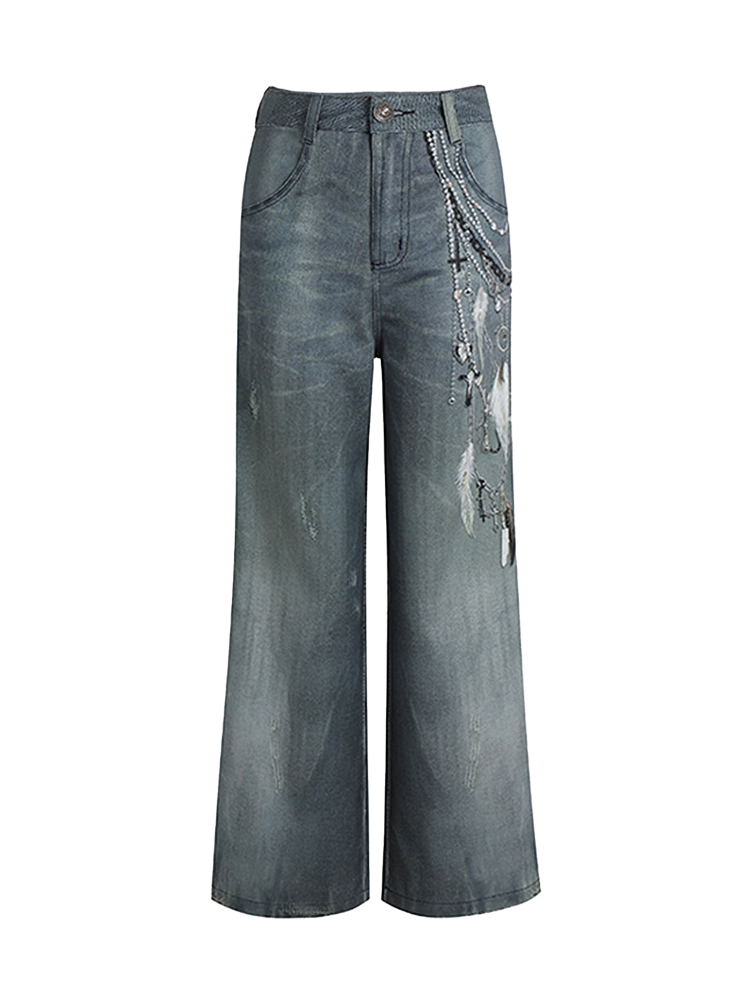 FayChui | Pearl Chain Print Washed Straight Jeans - PSYLOS 1, FayChui | Pearl Chain Print Washed Straight Jeans, Jeans, FayChui, PSYLOS 1